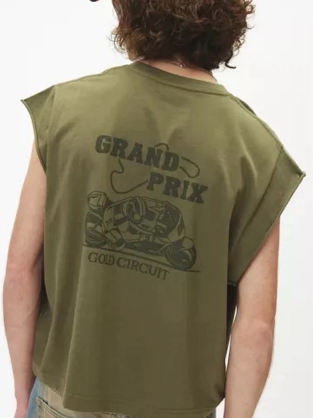 Urban Outfitters Olive Green Grand Prix Gold Circuit Muscle Top